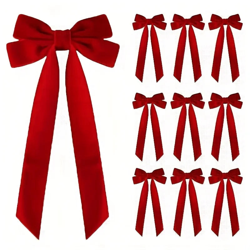 10 Red Velvet Christmas Tree Bows - Glossy Finish