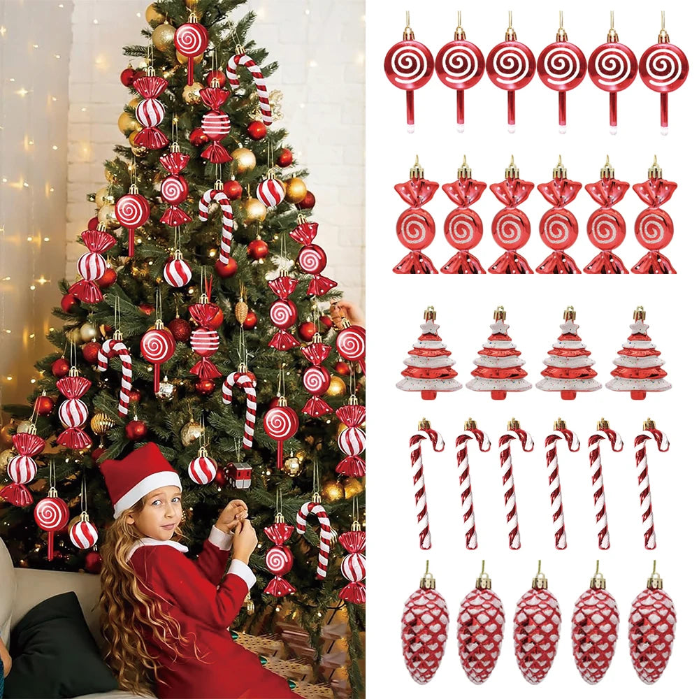 Candy Cane & Pine Cone Christmas Tree Ornaments - Red and Gold