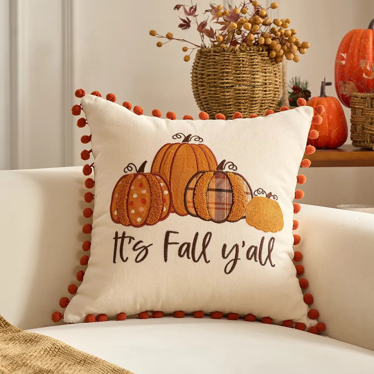 Pumpkin Tufted Velvet Throw Pillow Cover - Autumn Design