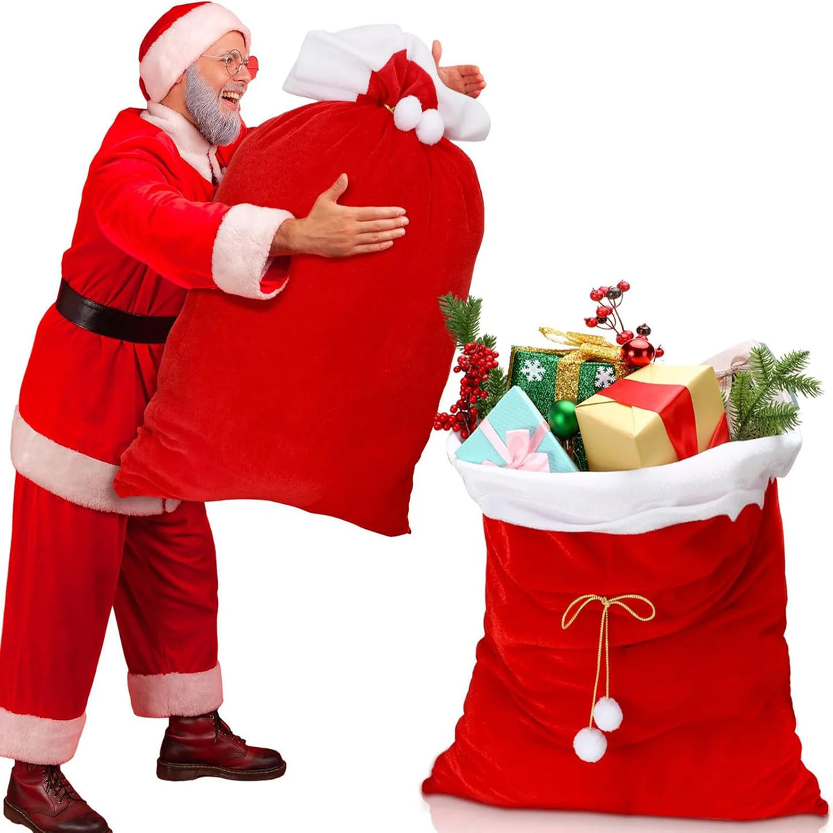 Large Red Velvet Christmas Gift Sack with White Pompom