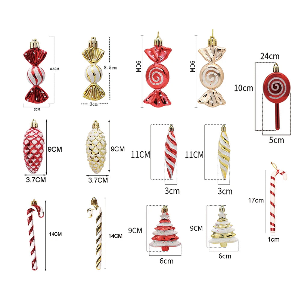 Candy Cane & Pine Cone Christmas Tree Ornaments - Red and Gold