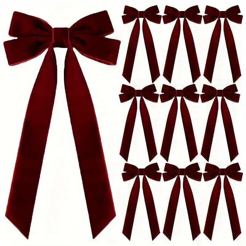 10 Red Velvet Christmas Tree Bows - Glossy Finish
