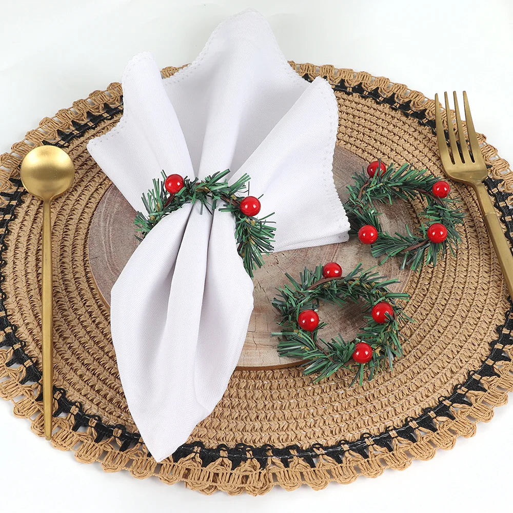 6 Pcs Red Berry and Pine Needle Napkin Rings