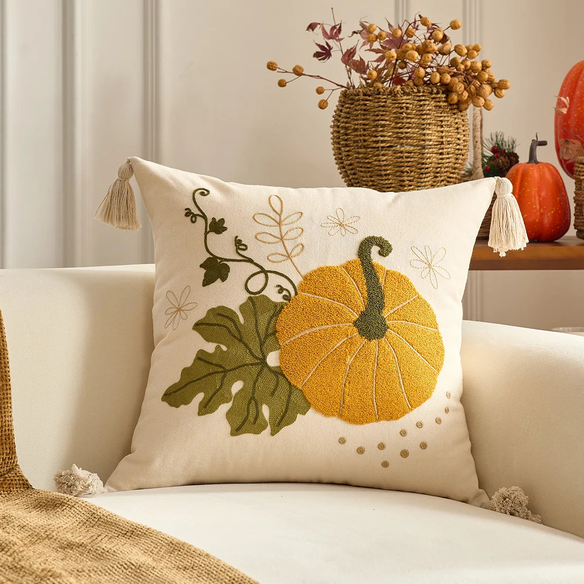 Pumpkin Tufted Velvet Throw Pillow Cover - Autumn Design