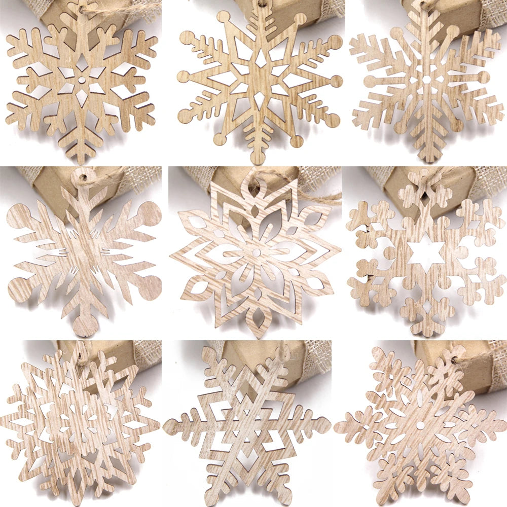 12PCS Wooden Hollow Snowflake Christmas Ornaments