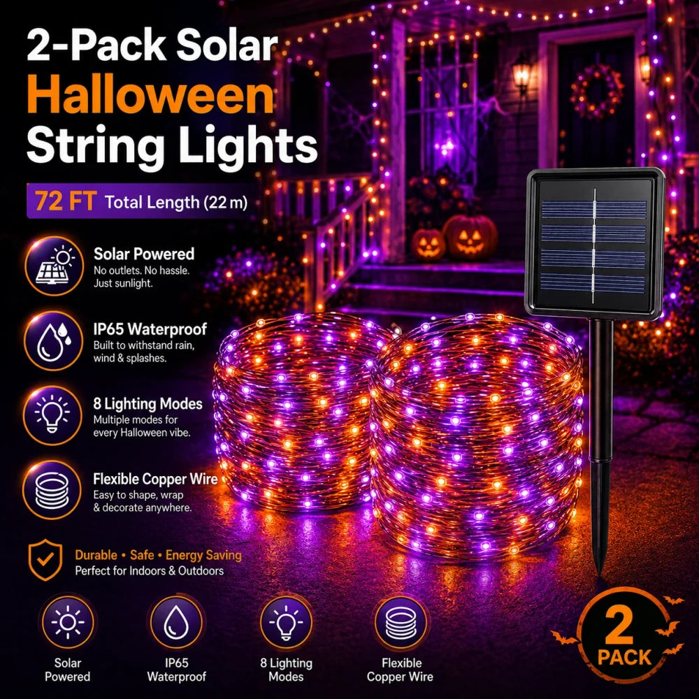 Solar Halloween String Lights – 2-Pack, 72 ft, Purple & Orange, Ships from US